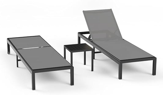 Aluminum Lounge Chairs Outdoor Chaise Furniture,2 Sets Patio Metal Deck Lounger Adjustable 5-Position Poolside Chase Recliner with Wheels for Beach,Coffee Table, (Gray, 2 Chairs + Table)