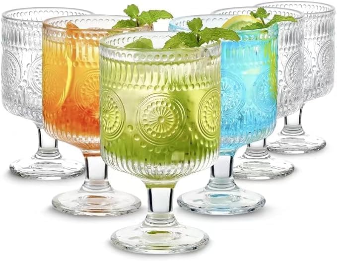 6 Packs Vintage Goblet Glasses Handcrafted Art Deco Crystal Goblets 8 oz Wine Glasses Drinking Goblets Bar Tumbler Glassware for Iced Tea, Wine, Beer, Juice, Cocktail, Whiskey