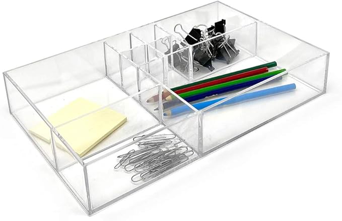 Isaac Jacobs 8-Compartment Clear Acrylic Drawer Organizer (13" L x 8.1" W x 2.3" H), Multi-Sectional Tray & Storage Solution for Makeup, School & Office Supplies, Bathroom, Kitchen