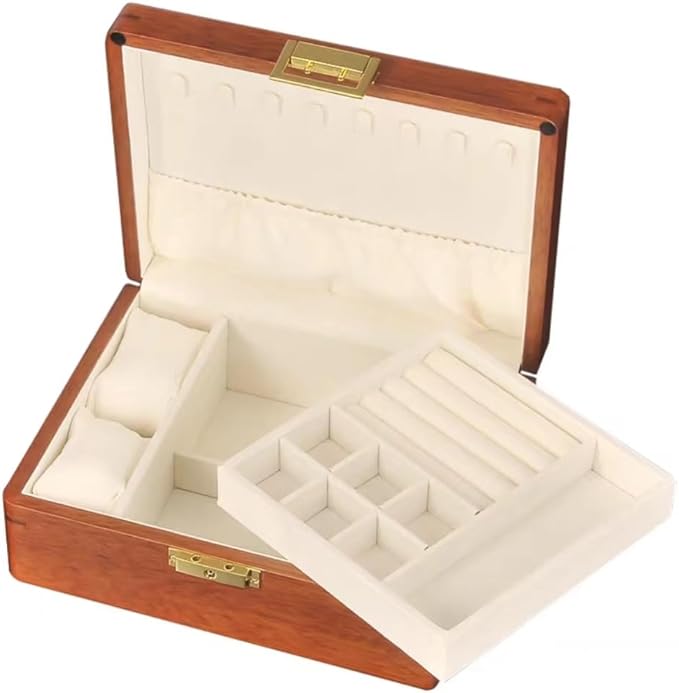 Bescott 2 Layer Solid Wooden Jewelry Box with Lock and Key for Women Men Vintage Velvet Wood Jewelry Organizer Storage for Earrings Rings Necklaces Bracelet Watch Mother’s Day Gift