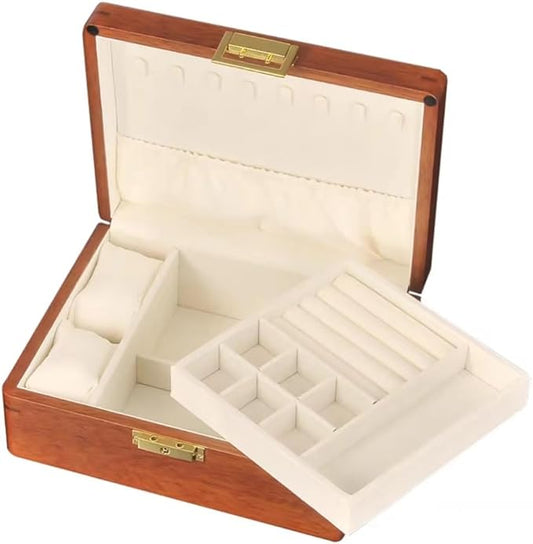 Bescott 2 Layer Solid Wooden Jewelry Box with Lock and Key for Women Men Vintage Velvet Wood Jewelry Organizer Storage for Earrings Rings Necklaces Bracelet Watch Mother’s Day Gift