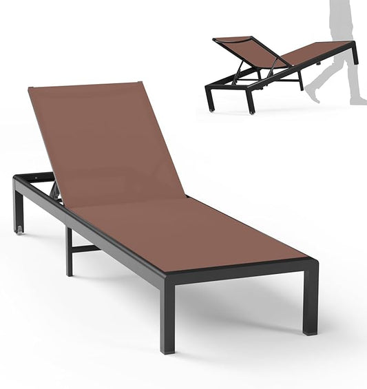 Aluminum Lounge Chairs Outdoor Chaise Furniture,2 Sets Patio Metal Deck Lounger Adjustable 5-Position Poolside Chase Recliner with Wheels for Beach,Coffee Table, (Brown, 1 Chair)