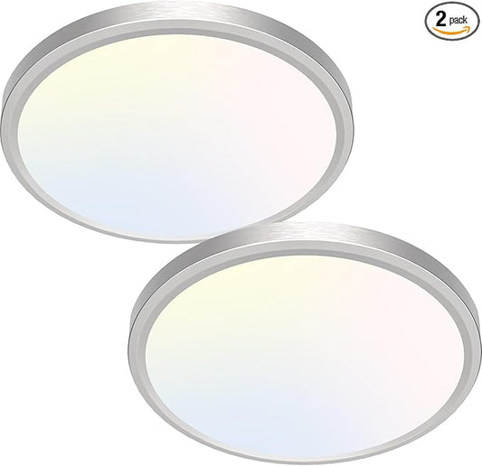 zemty Silver Flush Mount Ceiling Light - Super Thin 12In 28W 3200lm Brushed Nickel LED Ceiling Light with 3 Color Temperature 3000K/4500K/6000K - Low Profile Light Fixture for Kitchen Bathroom,2Pack