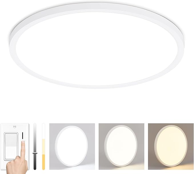 16'' Dimmable LED Ceiling Light Fixture, Ultra Thin Flush Mount, 28W 2800Lumen, 3 Color Changeable, Round, White, for Dining Room, Kitchen, Bedroom, Office, Hotel