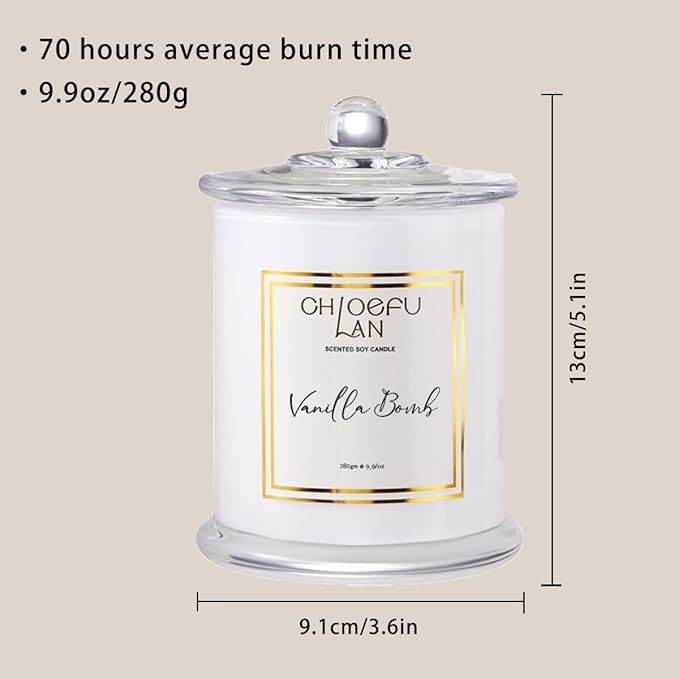 Chloefu LAN Vanilla Bomb Candle, Vanilla Scented Candles Gifts for Mothers Day, Gifts for Women & Men, Luxury Jar Candles, 70 Hours Long Burning, Natural Soy Candles for Home Scented, 10oz