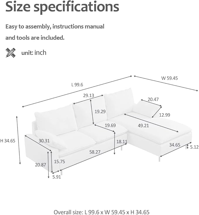 100'' Linen L-Shaped Right-Hand Facing Sectional Sofa with Metal Legs and 2 Pillows(Beige)