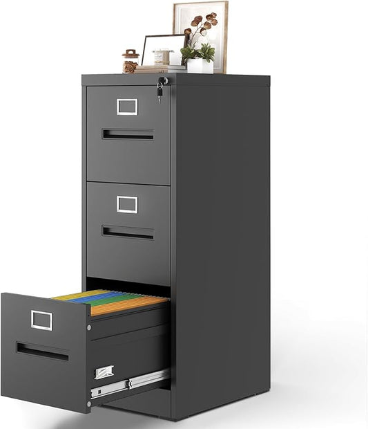 3 Drawer Vertical File Cabinet Home Office Metal Filing Cabinet, D17.7 Locking File Cabinets with Keys, Anti-Tilt Design, Steel Drawer Cabinet for A4/Legal/Letter,Need Assemble (Black)
