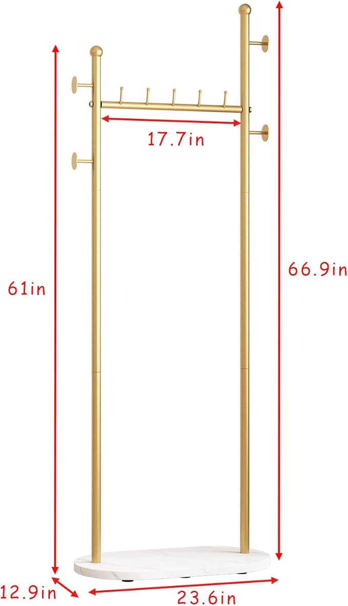 DR.IRON Gold Clothing Racks with Marble Base Modern Coat Racks Freestanding Gold Clothes Rack with Shelves for Bedroom Heavy Duty Garment Racks in Hallway, Entryway