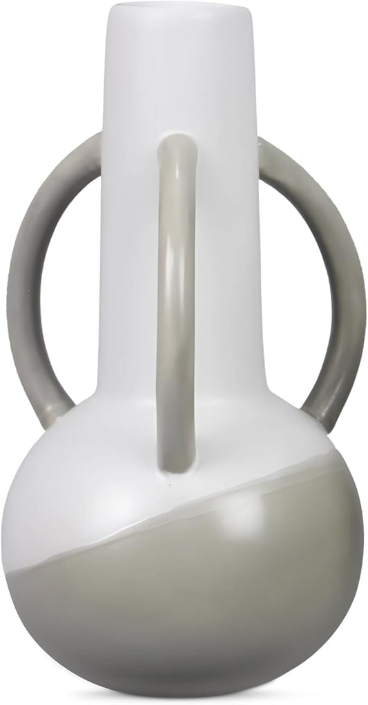 Young's Inc Modern Stoneware Dipped Color Vase with Sculptural Dual Handles – Contemporary Decorative Home Accent, Neutral Table Centerpiece, 6.2 Inch Height