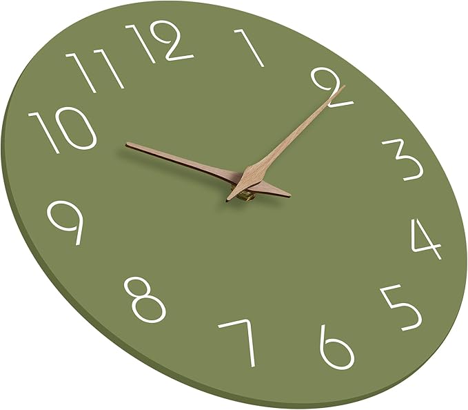 Mosewa Modern Wall Clock Silent Non-Ticking 14 Inch Olive Green Battery Operated Simple Minimalist for Living Room Office Bedrooms Kitchen Home Decor