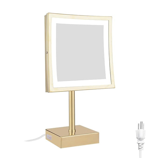 DOWRY Tabletop LED Lighted 5X Magnifying Makeup Mirror Square with Plug 8 Inch Polished Gold Finished