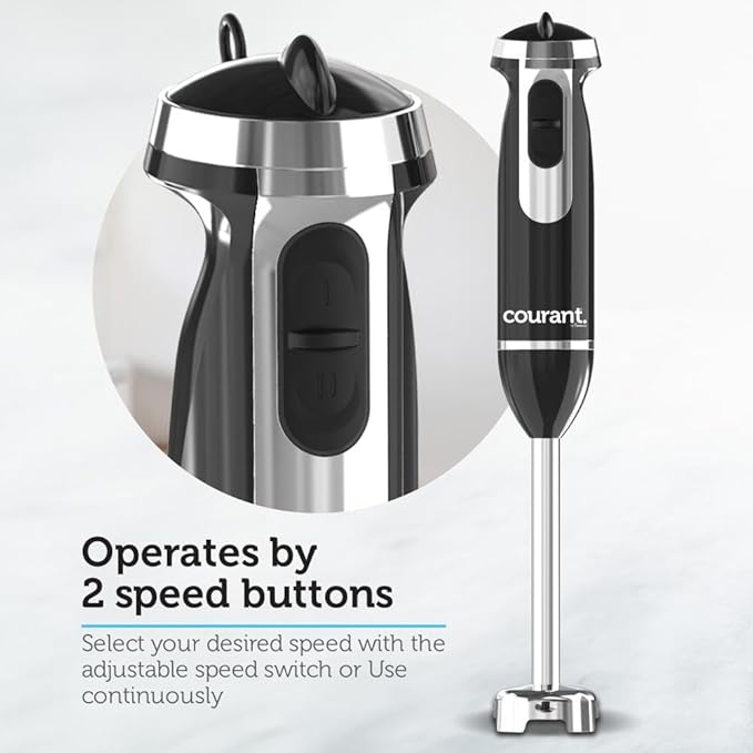 Courant Immersion Hand Blender with Variable Speed, Stainless Steel Blades for Smoothies, Purees, and Soups, Easy-Grip Control" (Black)