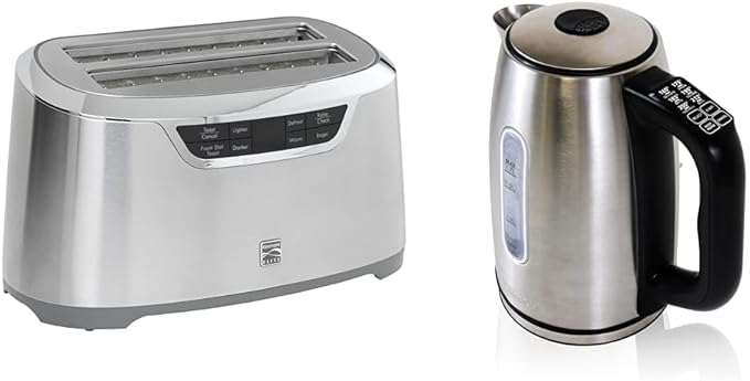 Kenmore Elite 4-Slice Long Slot Toaster Silver+Kenmore 1.7L Cordless Electric Kettle w/ 6 Temperature Pre-Sets, Stainless Steel