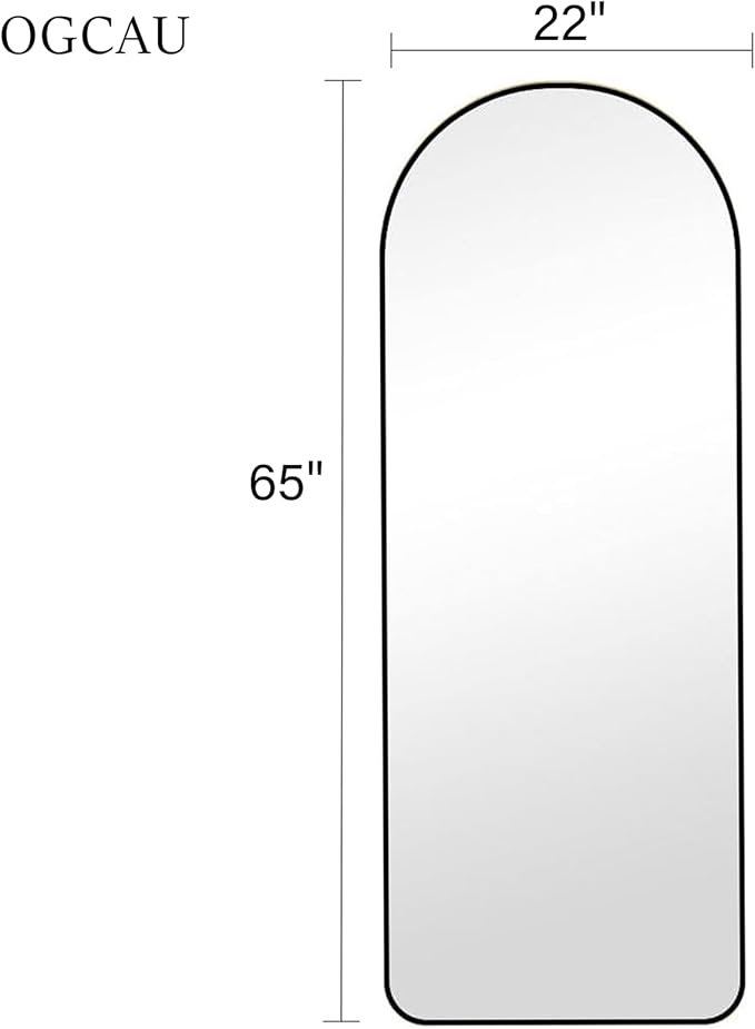 OGCAU Full Length Mirror, Arched Floor Mirror Full Length, 65"x22" Arch-Top Freestanding Body Mirror, Rounded Coner Large Wall Mirror with Aluminum Alloy Frame, Hanging or Leaning for Bedroom (Black)