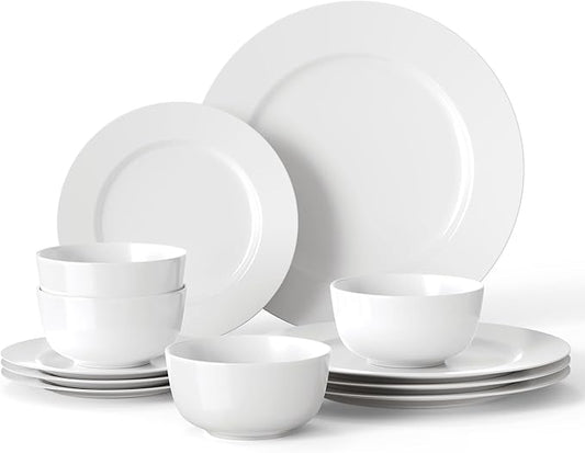 16 Pieces Plates and Bowls Sets, White Porcelain Dinnerware Sets, Ceramic Dishes Set Service for 4, White Kitchen Dinner Dining Ware Set