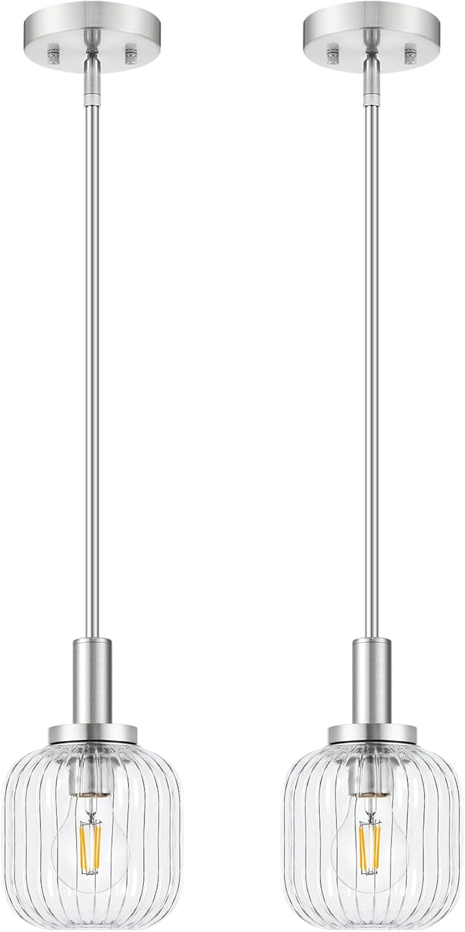 Brushed Nickel Pendant Lights Kitchen Island 2 Pack, 5.9" Modern Glass Pendant Light with Clear Glass and Rods, Mini Hanging Lighting for Kitchen Sink Bathroom Bedroom, OS-YQ7749-2PBN