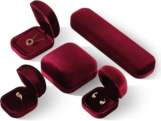 Resilient Velvet Ring Earrings Bracelet Necklace Display Box, Travel Mini Jewelry Organizer Case (Red, Long Chain Box)