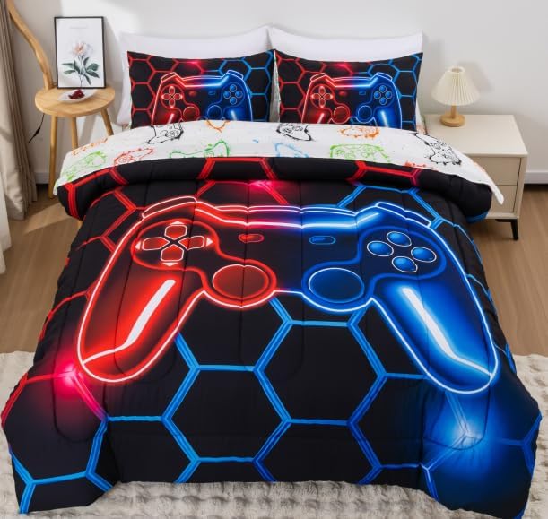 NTBED Game Console Comforter Set for Boys Girls Kids 3D Gaming Geometric Lightweight Microfiber Gamer Bedding Sets (Red Blue, Twin 5Pcs)