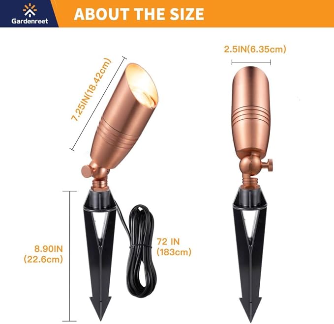 Die-Cast Brass Spot Light Outdoor - 12V LED Uplighting Waterproof, Low Voltage Landscape Lights Direct Wire, Copper for Fence Fountain with Daytime White MR16 Replaceable Bulbs (12 Pack)