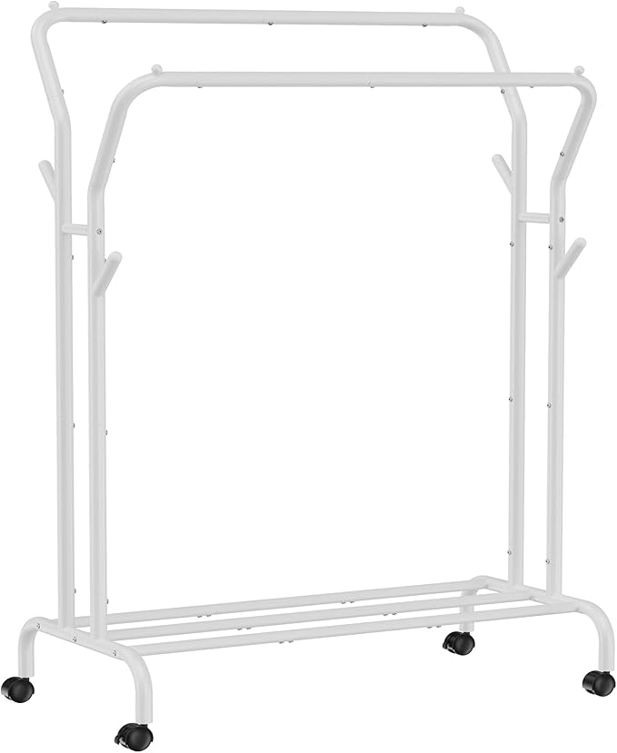 SONGMICS Clothes Rack, Double-Rod Clothing Rack for Hanging Clothes with Wheels, Garment Rack, Metal Frame, 220 lb Max. Total Load, 40.7 Inches Wide, Clothes Storage and Display, White UHSR107W01