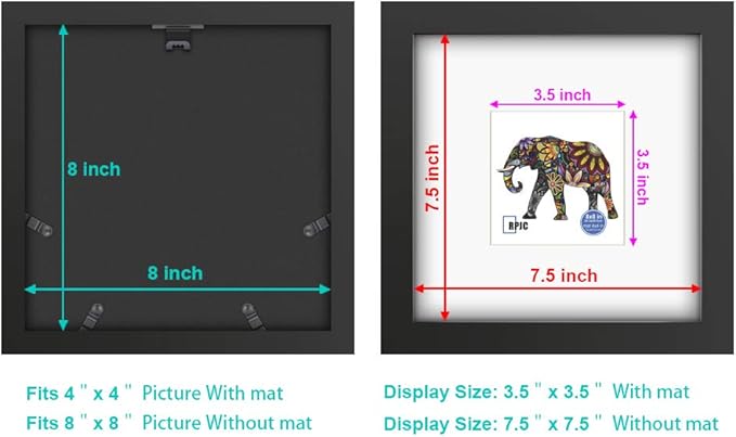 RPJC 8x8 Soild Wood Picture Frame with High Definition Glass Display Pictures 4x4 with Mat or 8x8 Without Mat for Wall Mounting Hanging Photo Frame Black