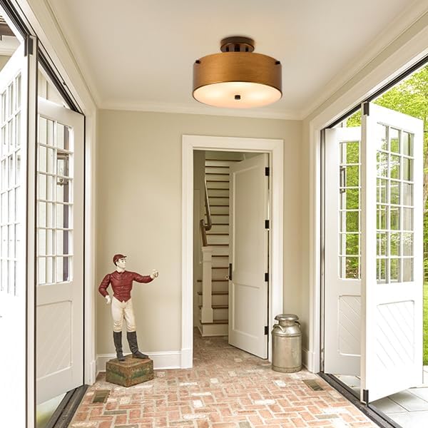 Gold Semi Flush Mount Ceiling Light, Modern Drum Chandelier with Brass Gold Metal Shade, Vintage Close to Ceiling Light for Kitchen Entryway Bedroom Laundry Room, 3-Light, 12 Inch