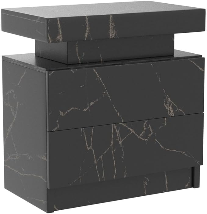 LED Nightstands, Bedside Table with 2 Drawers, Modern Bedroom Furniture with Changing RGB Light & Remote for Bedroom and Living Room, Black Marble Pattern