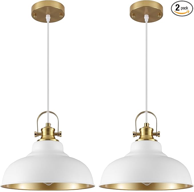 White and Gold Pendant Light, 11.41 Inch Dome Pendant Lights, Industrial Pendant Light Kitchen Island, Farmhouse Pendant Lights 2 Packs, Island Pendant Lights for Kitchen, Dining Room, Living Room