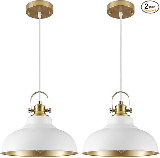 White and Gold Pendant Light, 11.41 Inch Dome Pendant Lights, Industrial Pendant Light Kitchen Island, Farmhouse Pendant Lights 2 Packs, Island Pendant Lights for Kitchen, Dining Room, Living Room