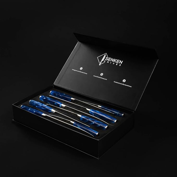 SENKEN 8-Piece Japanese Knife Set - Blue Resin Handle, Laser Damascus Blades - Chef's, Santoku, Bread & Paring Knives