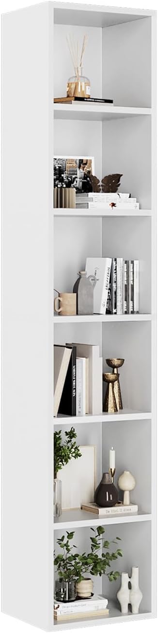 oneinmil 71.5" Tall Narrow Bookshelf, 6-Tier Cube Display Rack, Modern Corner Bookshelf with Storage Space, CD Storage Cabinet for Home Office (White 1 Pack, 6-Tier)