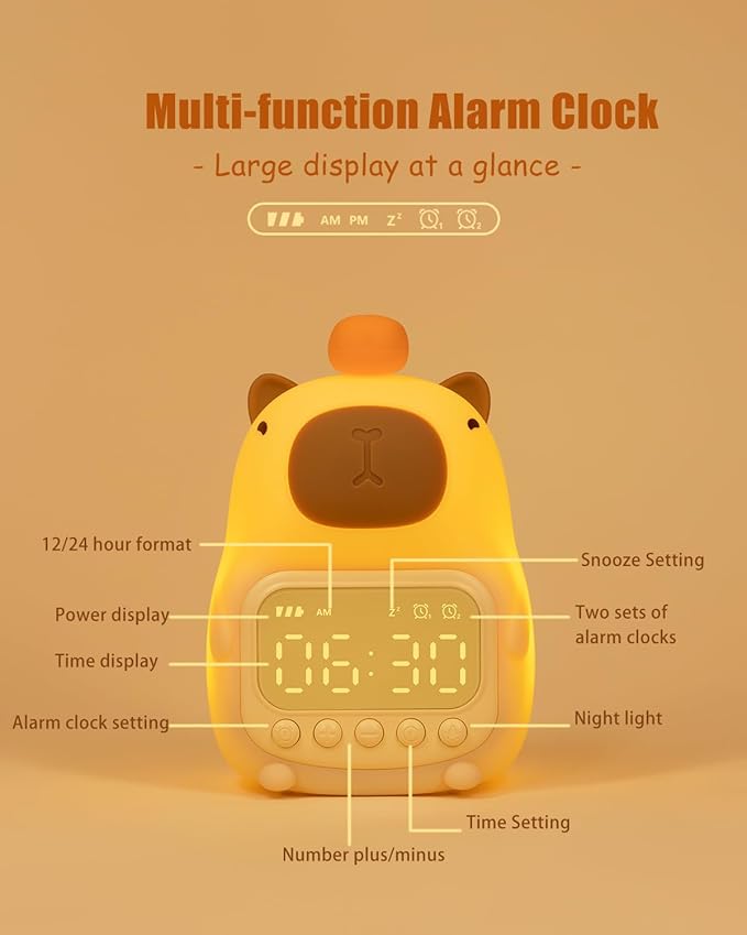 Capybara Alarm Clock with Night Light for Kids, Cute Toddler Alarm Clocks for Bedrooms Ok to Wake Clocks for Girls and Boys, Rechargeable Silicone Animal Tabletop Lamp for Kid