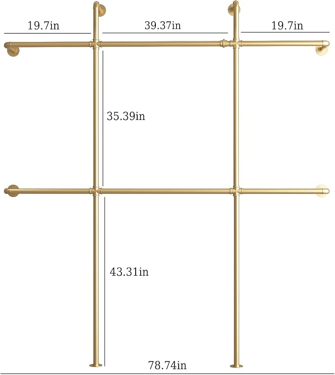 Gold Pipe Clothing Rack Wall Mounted, Industrial Pipe Clothes Racks with 6 Hanging Rods, Heavy Duty Clothing Racks for Laundry Room, Closet Systems for Walk in Closets