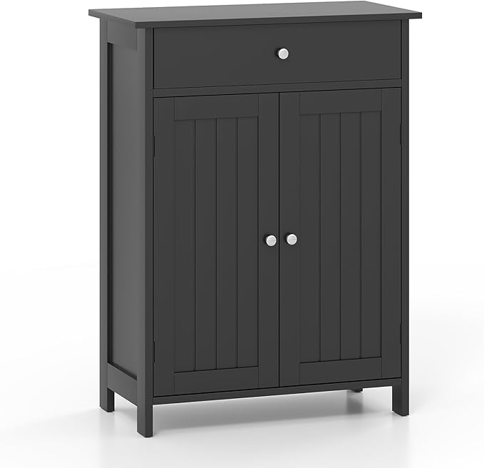 Tangkula Bathroom Storage Cabinet, Freestanding Floor Organizer w/ 2 Doors, 1 Drawer & 1 Adjustable Shelf, Modern Home Bathroom Furniture for Living Room Entryway Kitchen (Cabinet & Drawer, Black)