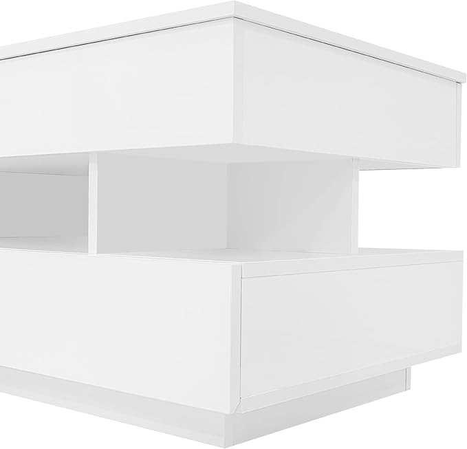 Modern High Gloss LED Coffee Table 39.3-Inch Multi-Functional Lift-Top Center Table with Hidden Storage Space, 2 Drawers for Small Spaces Living Room， White