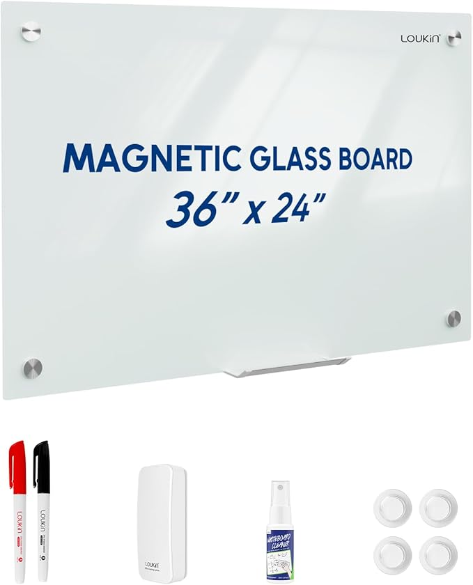 Loukin Glass Whiteboard for Wall, Magnetic Dry Erase Glass Board, Framless Surface White Board for Office, School, Dry Erase Whiteboard Set Includes Cleaner & Eraser & Marker (24" x 36")