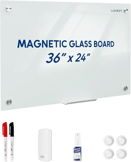 Loukin Glass Whiteboard for Wall, Magnetic Dry Erase Glass Board, Framless Surface White Board for Office, School, Dry Erase Whiteboard Set Includes Cleaner & Eraser & Marker (24" x 36")
