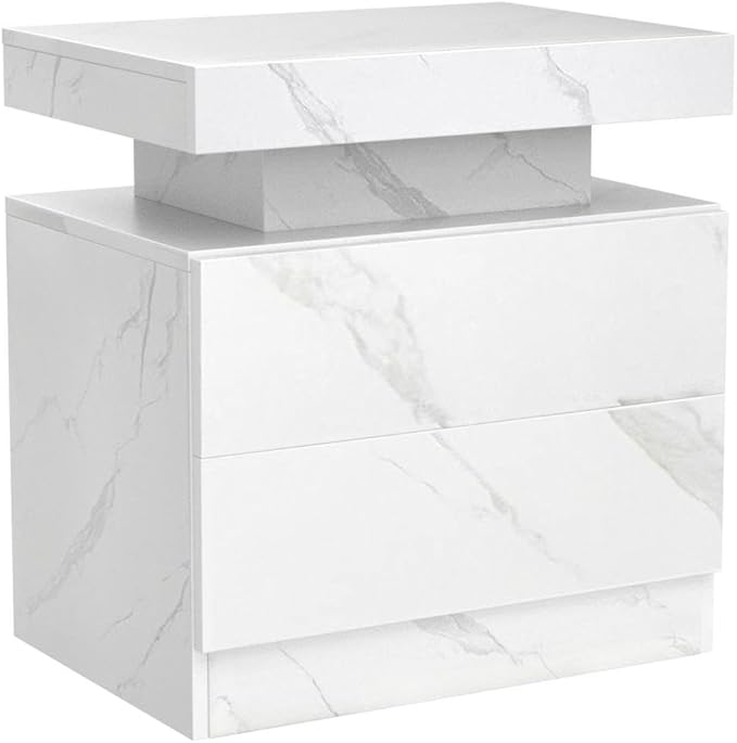 LED Nightstands Set of 2, Modern End Side Table with 2 Drawers, LED Bedroom Furniture for Bedroom and Living Room, White Marble Pattern