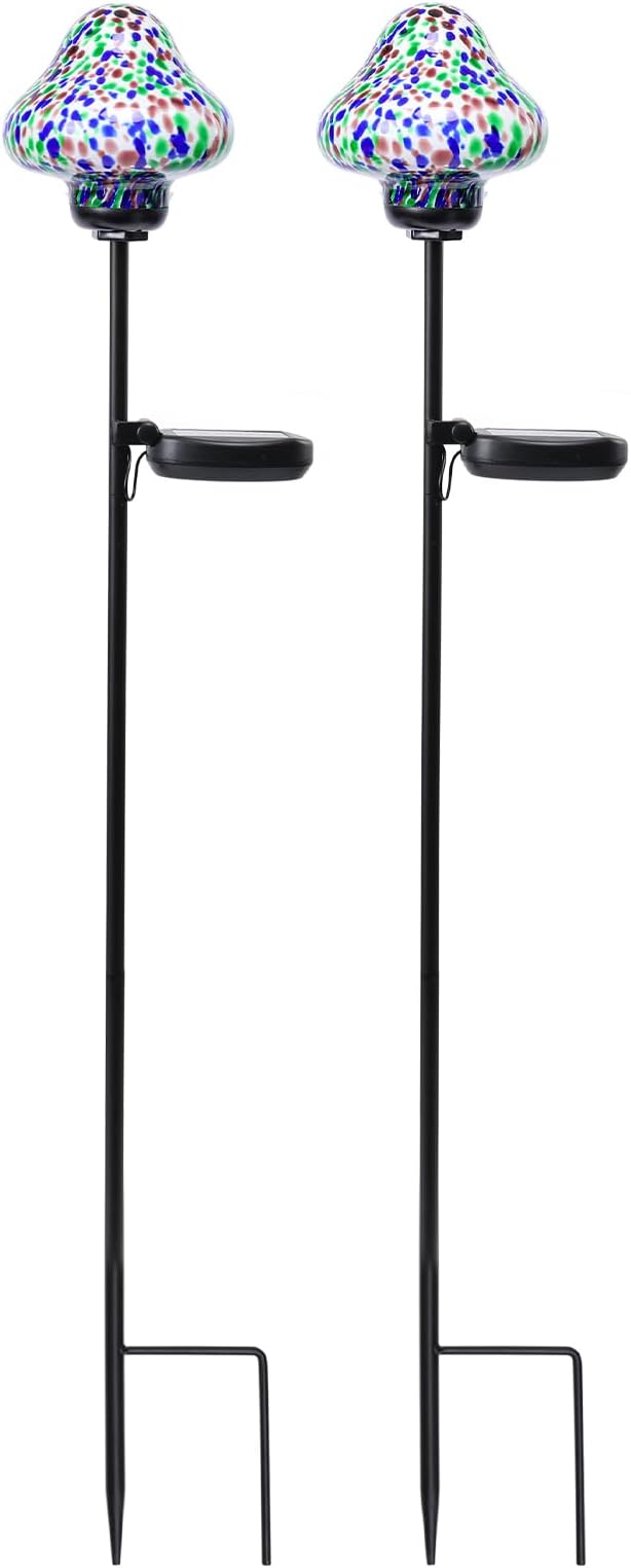 Bshine Mushroom Solar Outdoor Lights, Mosaic Mushroom Solar Lights Hand-Blown Glass Waterproof Metal Stakes Decorate Garden, Outdoor Yard Decor Backyard, Pathway, Porch and Lawn Ornaments 2 Pack