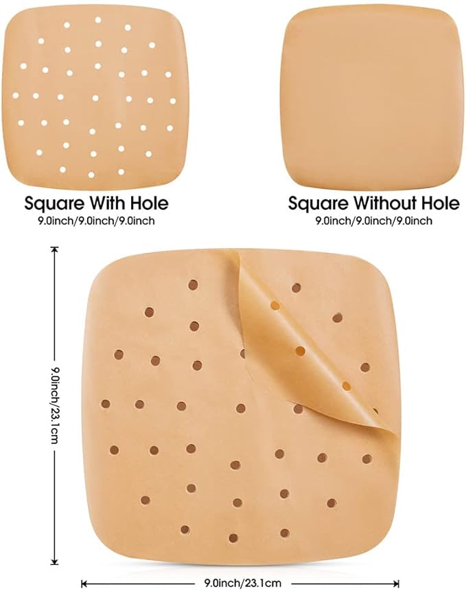 200PCS Parchment Paper, 9 Inch Square Air Fryer Liner, Filter Paper, (100 Perforated & 100 Imperforate), Non-Stick Baking Paper for Steamers, Cake Pan