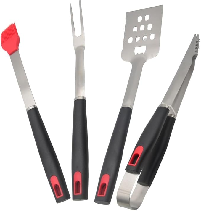 Stainless Stell BBQ Accessories Tool Set with Serrated Edged Spatula、Fork Brush and Tongs Backyard Outdoor Cooking and Teppanyaki Barbecue Tools Accessories 4-Piece Home Barbecue Set