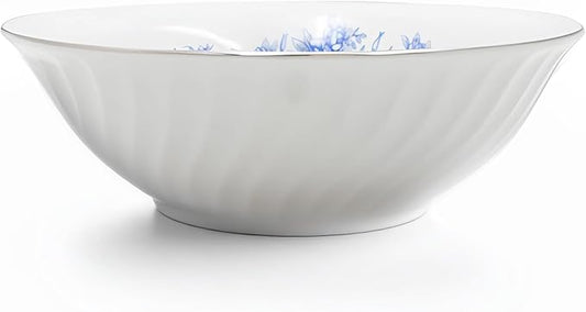 Lynns Paradise Royal Rose 9-Inch Big Bowl, Set of 3, Blue; 24K Gold Trim, Embossed Swirl, Colorful Floral Print, Porcelain