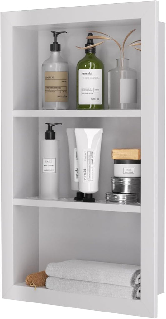 Stainless Steel Shower Niche 14" X 24"，3-Tier Shelf Niches Bathroom Shelf Recessed Wall Niche No Tile Needed Shower Shelf for Bathroom Storage (White, 14 x 24)