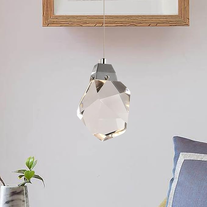 Modern Dimmable Pendant Light Fixtures, Single Crystal Hanging Lamp, Small Round Chrome Chandelier for Dining Room Living Room Bedroom Bathroom Kitchen Island (Round 1-Light)
