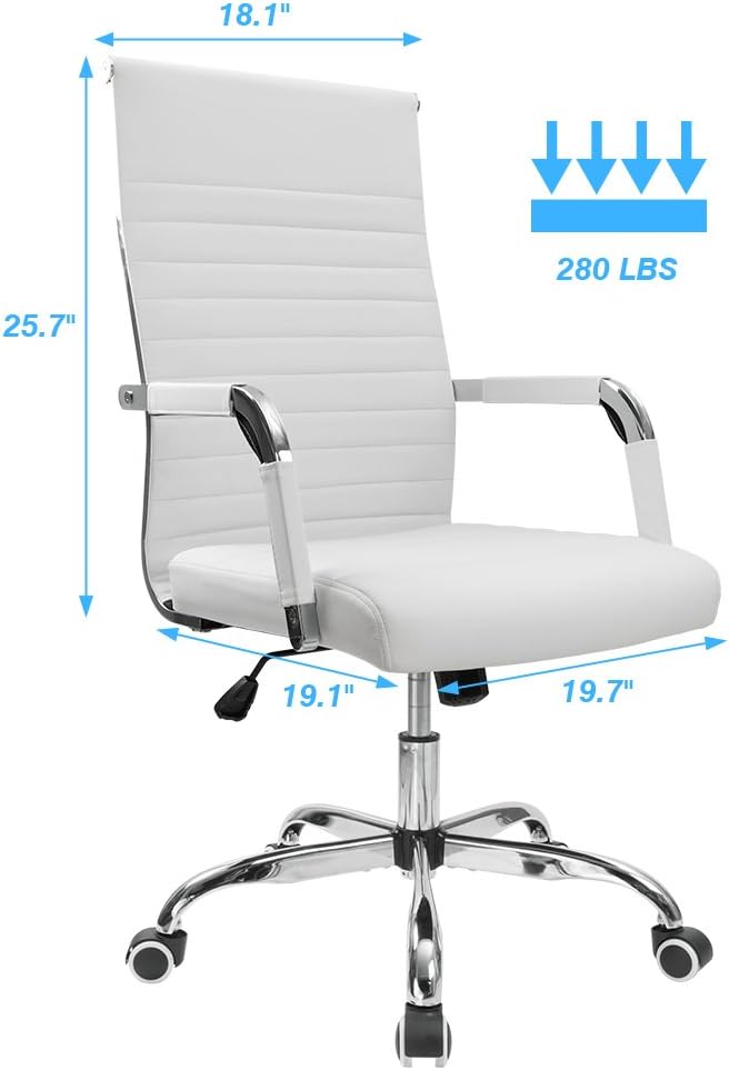 Furmax Ribbed Office Desk Chair Mid-Back PU Leather Executive Conference Task Chair Adjustable Swivel Chair with Arms (White)