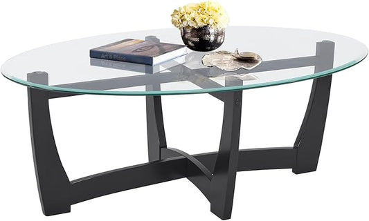 48" Oval Glass Coffee Table with Tempered Glass Top Cross and Solid Wood Base Simple & Modern Center Table for Living Room Office Apartment Black