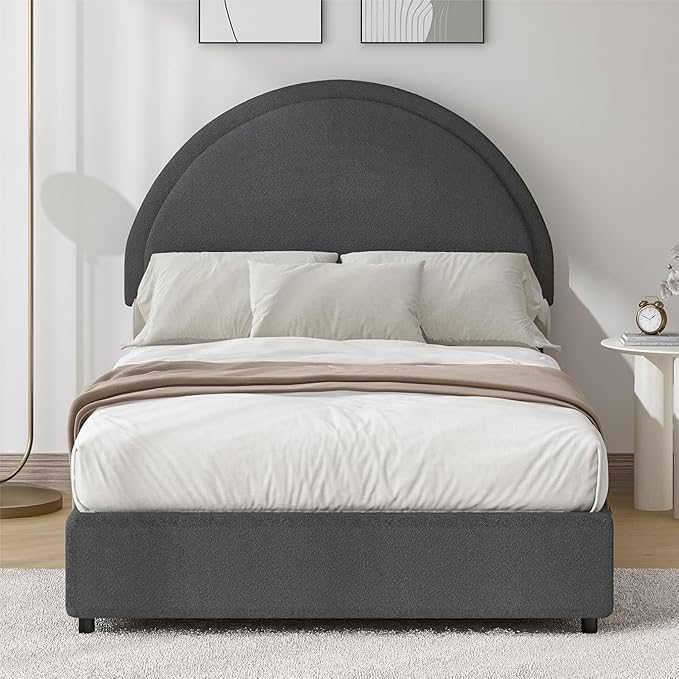 Twin Size Bed Frame, Boucle Upholstered Platform Bed with Headboard, Cloud Bed Frame with Soft Rounded Corners, No Box Spring Required, Easy Assembly, Dark Grey