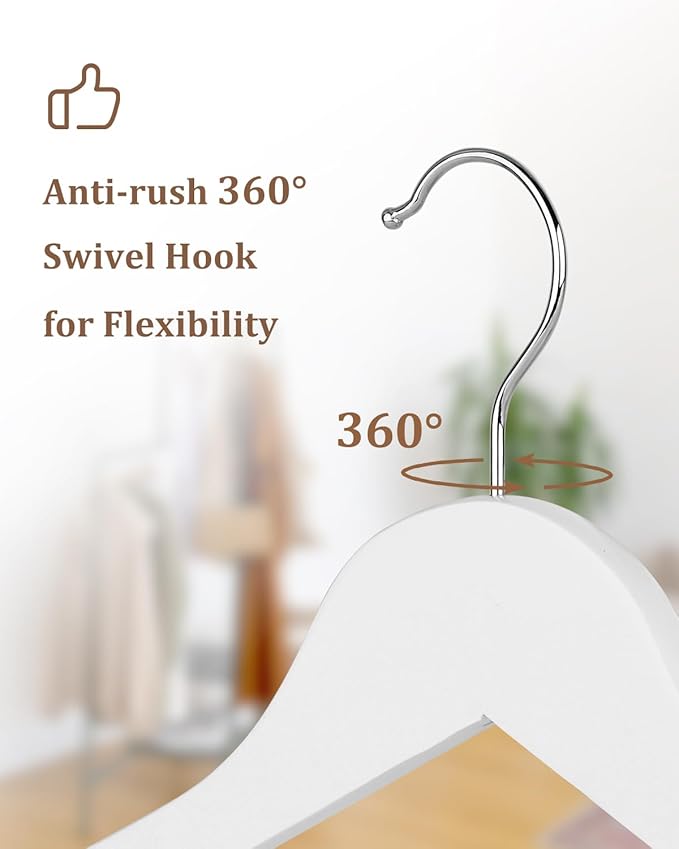 AMKUFO Wooden Hangers 20 Pack Wood Suit Hangers Non Slip Wooden Coat Hangers with Smooth Fnish Cut Notches 360° Swivel Hook Clothes Hangers for Jeans Pants Jackets Shirts Dresses, White