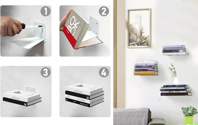 Invisible Floating Bookshelf - Modern White Wall Mount Metal Shelves for Room, Bedroom Bookcase, Small Bookshelf with Minimalist Design, Sleek Storage for Books & Decoratives（6PCS）