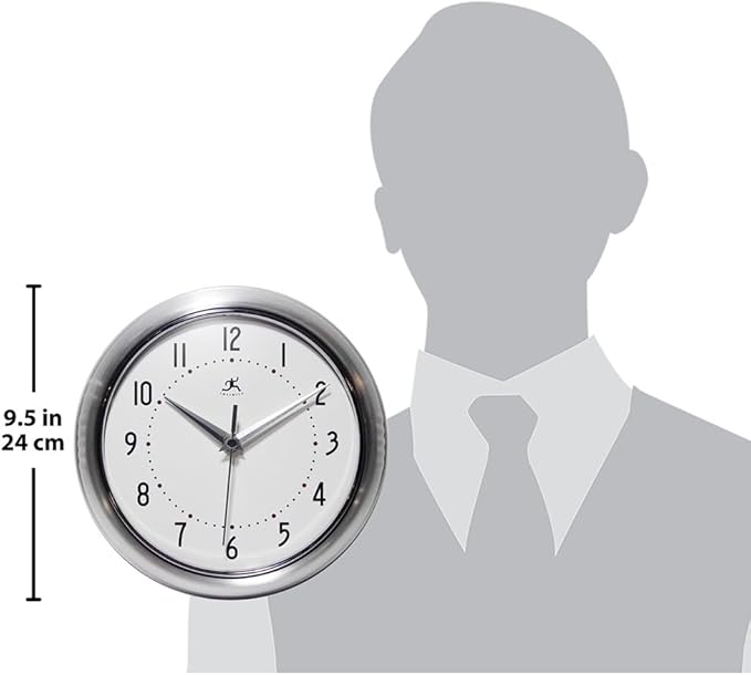 Infinity Instruments LTD. Retro 9 inch Silent Sweep Non-Ticking Mid Century Modern Kitchen Diner Wall Clock Quartz Movement Retro Wall Clock Decorative (Silver)…